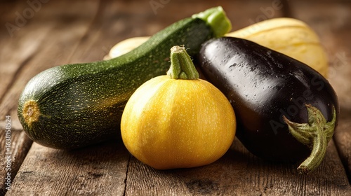 Fresh zucchini, eggplant, and squash displayed together on a wooden board