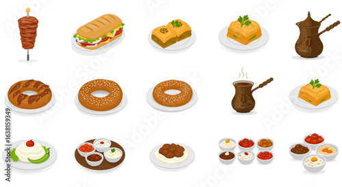 A culinary collection of Turkish cuisine icons, featuring traditional meals, desserts, and drinks like doner and baklava