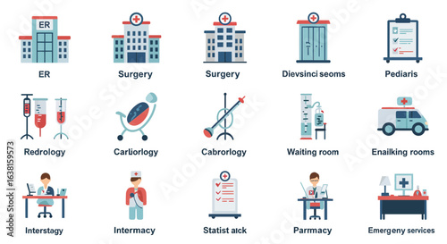 Flat vector icon set of hospital departments, medical services, and healthcare facilities like ER, surgery, and cardiology.
