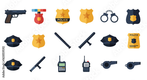 Set of police officer equipment icons and law enforcement symbols in a flat design style. Collection of security vector graphics.