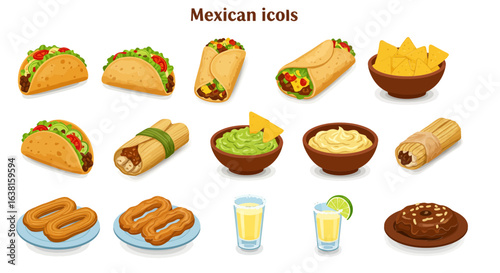 Culinary set of popular Mexican cuisine icons. Illustrated vector graphic of traditional foods like tacos, burritos, and nachos.