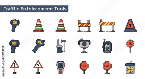 A comprehensive vector set of traffic enforcement tools. Colorful icon collection for police and road safety management.