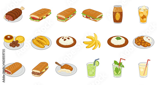 Culinary illustration set of traditional Cuban food and drinks, featuring sandwiches, rice, plantains, and cocktails