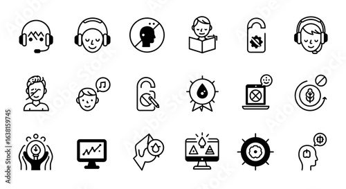 A diverse collection of thin line vector icons for business, technology, user interface, and communication.