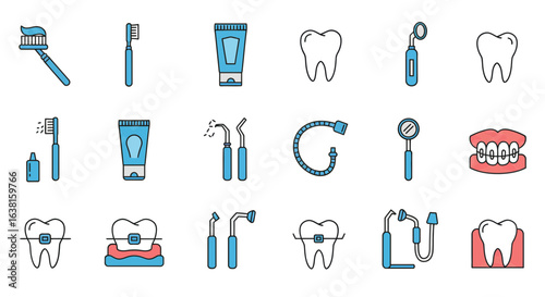 Comprehensive dental care and orthodontics icon set for health and hygiene. A collection of vector elements for dentistry.