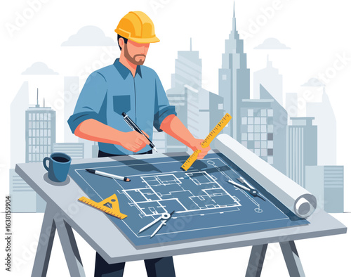 Professional architect in a hard hat designing a building project, drawing on a blueprint with tools against a city skyline.