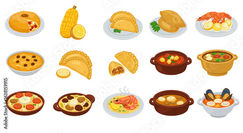 Set of traditional homemade food, a culinary collection of prepared meals, soups, and appetizers.