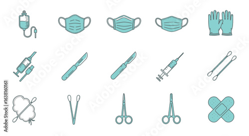 Set of medical and surgical tool icons. Flat line vector illustration collection of healthcare equipment for clinical use. Whisk_b0124f1c94