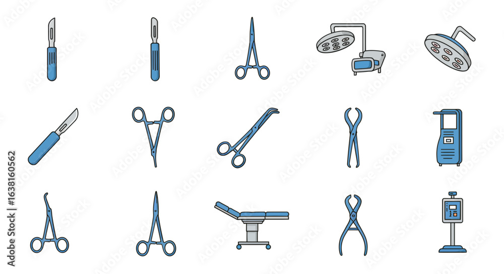 Obraz premium Comprehensive collection of medical surgery instrument icons. Vector graphic set for healthcare and hospital design elements.