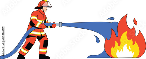 Cartoon drawing of a firefighter in full gear spraying water on a fire.