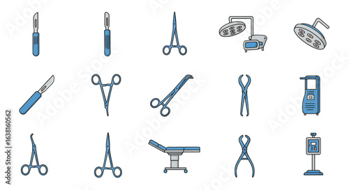 Comprehensive collection of medical surgery instrument icons. Vector graphic set for healthcare and hospital design elements.