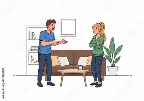 Flat vector couple arguing inside living room home