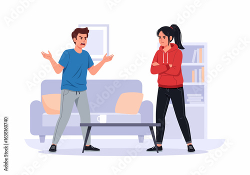 Flat vector couple arguing in living room with couch and bookshelf