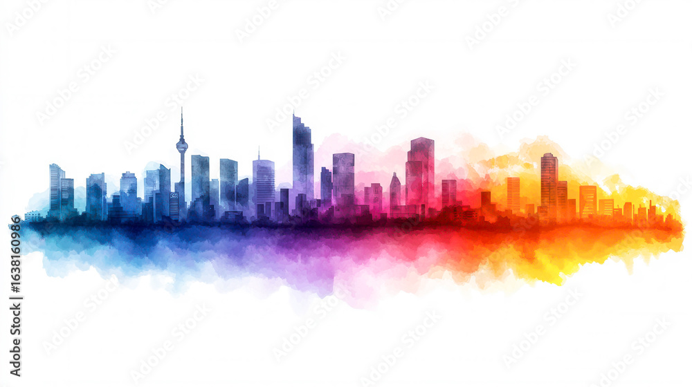 Naklejka premium Vibrant Watercolor Skyline of a Modern City with Abstract Colorful Background