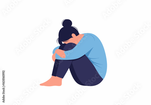 Flat vector woman sitting with knees hugged tight