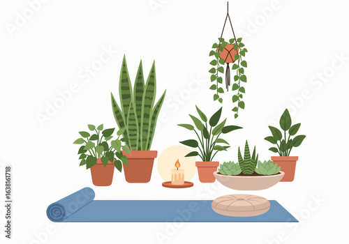 Flat vector indoor plant yoga space with candle