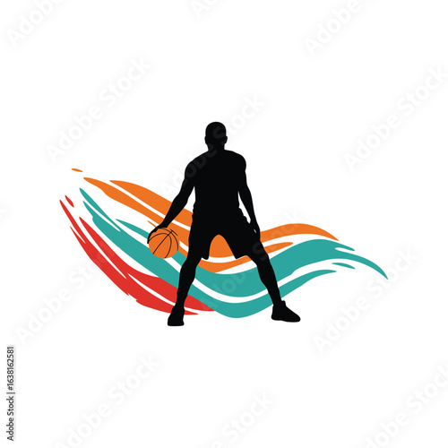 Basketball player silhouette dribbling with colorful paint splash background dynamic sports action