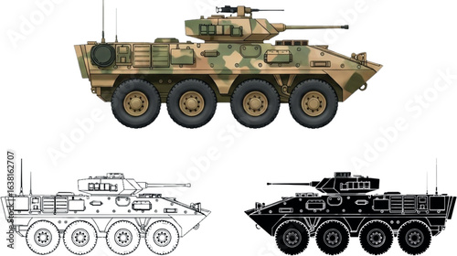 LAV-25 Armored Reconnaissance Vehicle – 3 Military Art Styles: Desert Camouflage, Bold Silhouette & Precision Line Art Blueprint