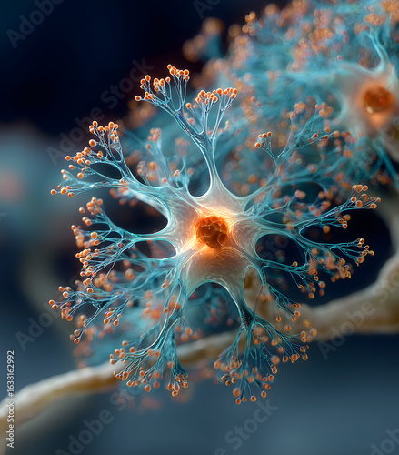 Highly detailed 3D illustration of a glowing neural cell with branching dendrites and synaptic terminals, illuminated in blue and orange against a soft background

