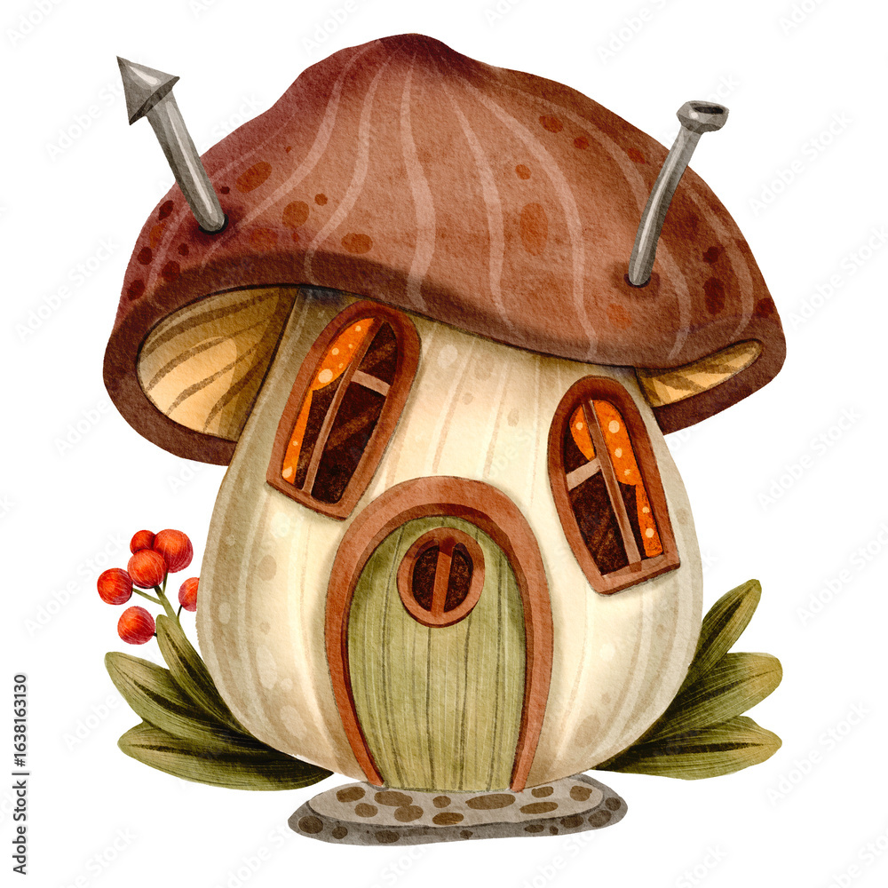 Φωτογραφία Cute, fairytale mushroom house with a small wooden door and green foliage in the background