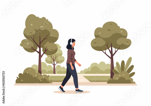 Flat vector illustration of a woman walking in a park with headphones