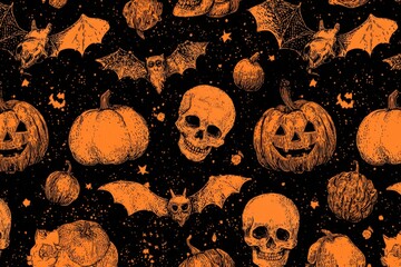 Halloween Seamless Pattern with Skulls, Pumpkins and Bats in Orange and Black for Holiday Designs