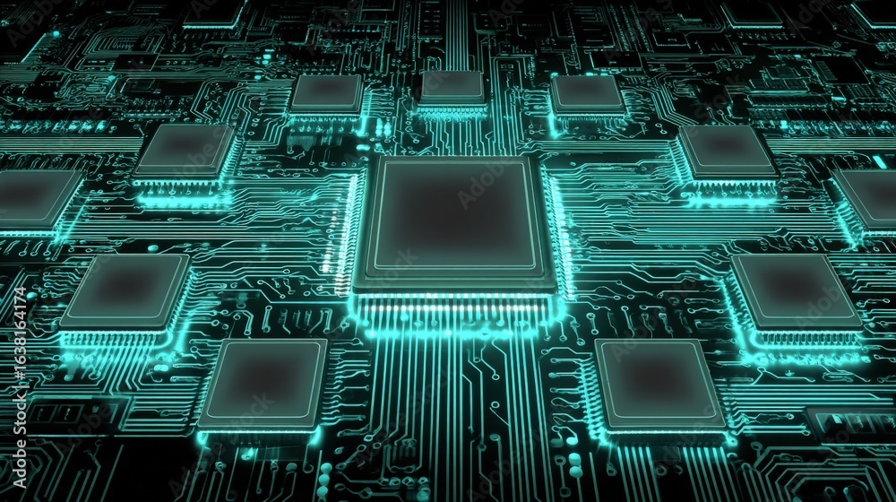 Fototapeta premium Futuristic Circuit Board Illustration Featuring a Central Processing Unit, Transistors, and Electrical Pathways