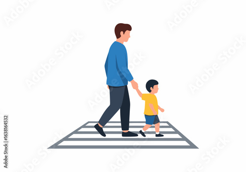 Flat vector father and son crossing street safely