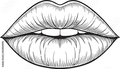 black and white lips, Monochrome Kiss Line Art, Classic Engraved Lips Illustration

