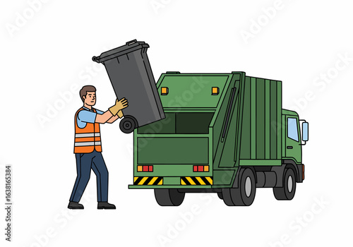 Vector illustration garbage worker loading bin into truck