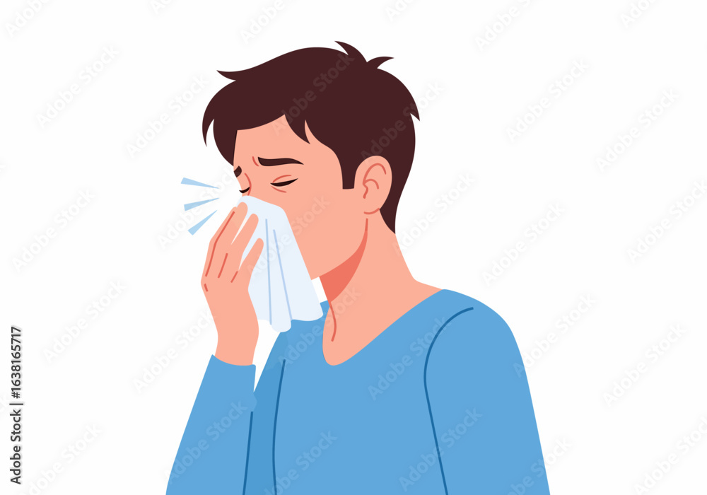 Illustration of man with allergies sneezing into tissue Illustration of man with allergies sneezing into tissue