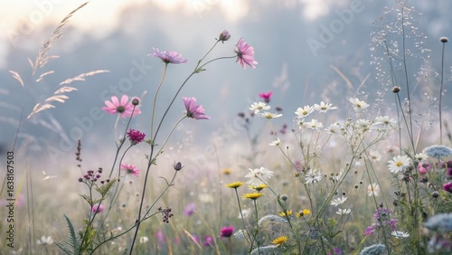 Soft focus meadow with delicate pink cosmos flowers and wild grasses at sunrise
