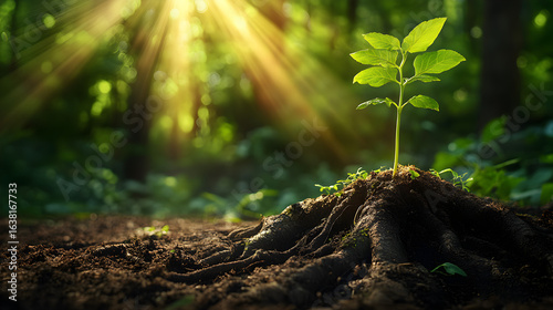 Fresh green sapling growing at the foot of an old tree root in a dense forest, perfect for illustrating environmental protection, biodiversity, and sustainable growth in commercial and editorial visua