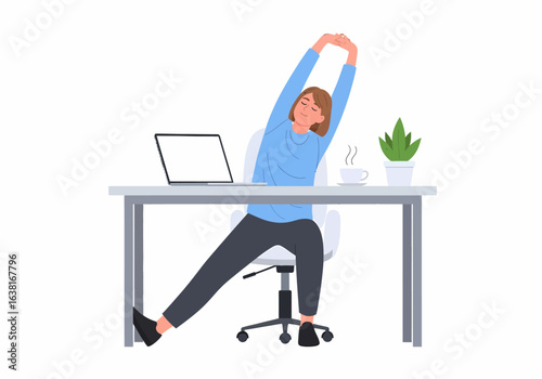 Flat vector woman stretching at desk with laptop
