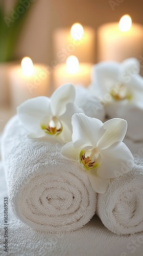 Rolled White Towels with Orchids and Lit Candles
