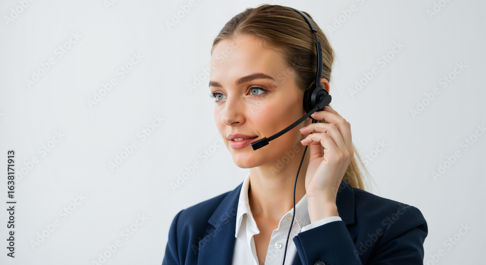 Professional Young Woman Wearing Headset and Suit in Modern Office for Business Customer Service Operations Professional Young Woman Wearing Headset and Suit in Modern Office for Business Customer Service Operations