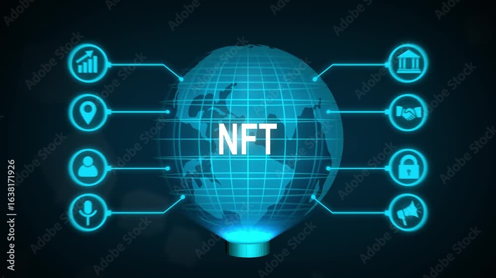 NFT Non-fungible token digital crypto on virtual, new business concept tee icon attached around the map features the concept of network and technology confirmed the map is rotating ,specify all icons NFT Non-fungible token digital crypto on virtual, new business concept tee icon attached around the map features the concept of network and technology confirmed the map is rotating ,specify all icons
