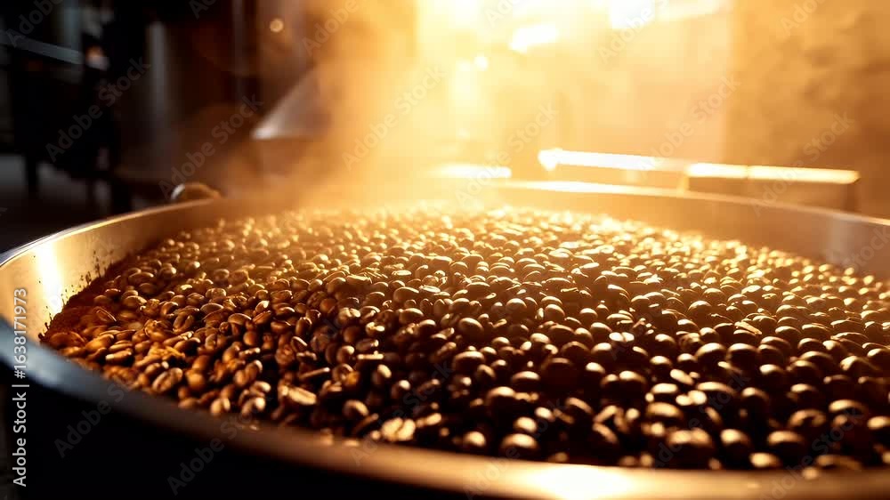 A closeup shot of a large metal container filled with roasted coffee beans. The beans are a rich brown color, and the container appears to be made of metal with a shiny, reflective surface.