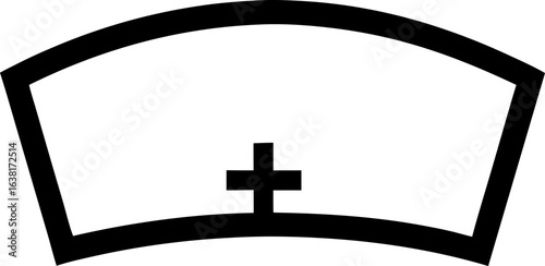 Classic nurse cap with curved brim and centered cross, minimalist black healthcare symbol on white background