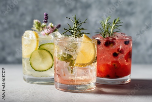 Three Refreshing Cocktails with Citrus, Herbs, and Berries on a Grey Background