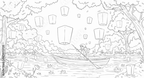 A serene coloring page illustration of a person in a boat watching sky lanterns float over a tranquil river in a magical forest.