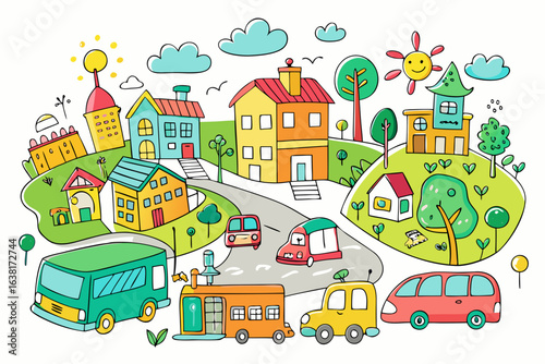 Vibrant cartoon town illustration with cheerful sun and colorful houses, perfect for children's books, educational materials, and playful designs, originally a scalable graphic