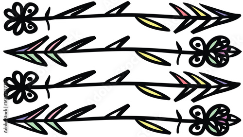 Four decorative arrows with floral fletching and colorful accents arranged in parallel rows design