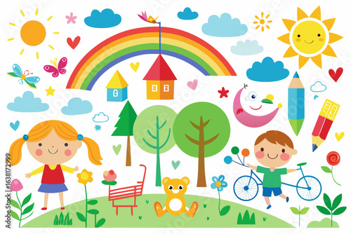 Cheerful cartoon illustration featuring children playing in a vibrant scene with rainbows, houses, flowers, and sunshine, perfect for educational resources and playful designs, a vector graphic