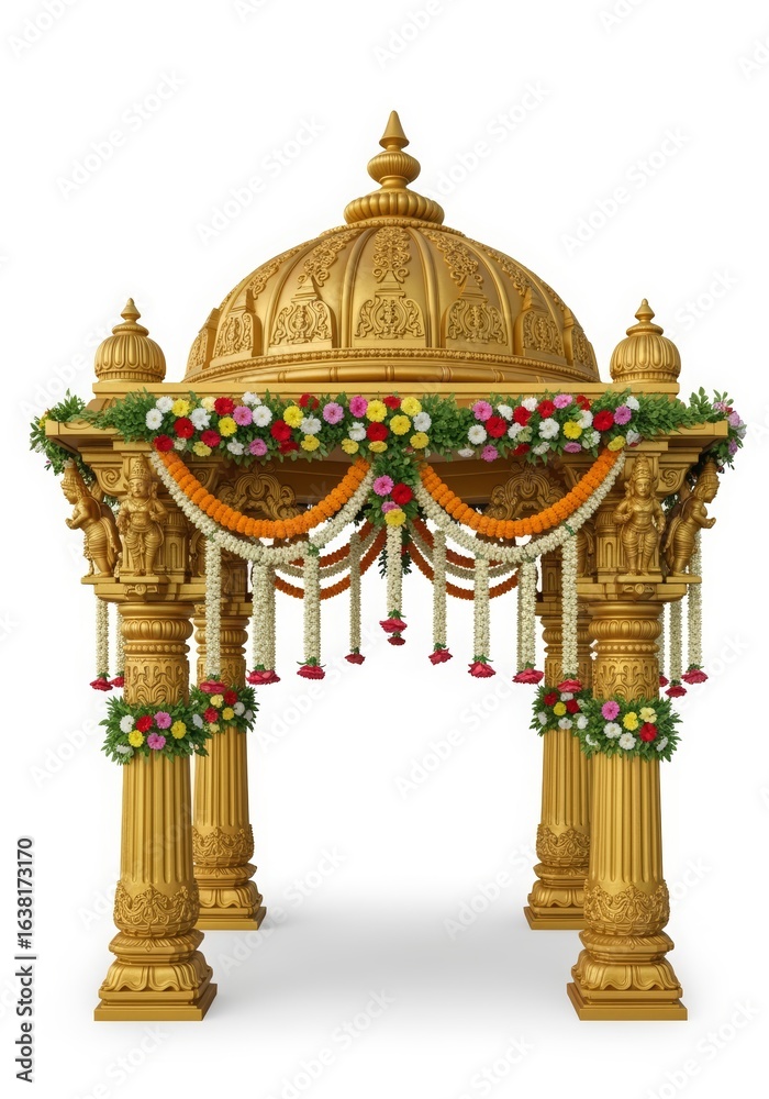 Fototapeta premium Golden gazebo mandap with floral decoration, traditional Indian wedding, festive design element.