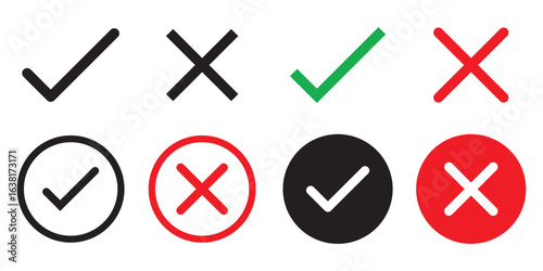 Check mark icon set with editable strokes. Accepted, rejected, approved, disapproved, right, wrong, correct.