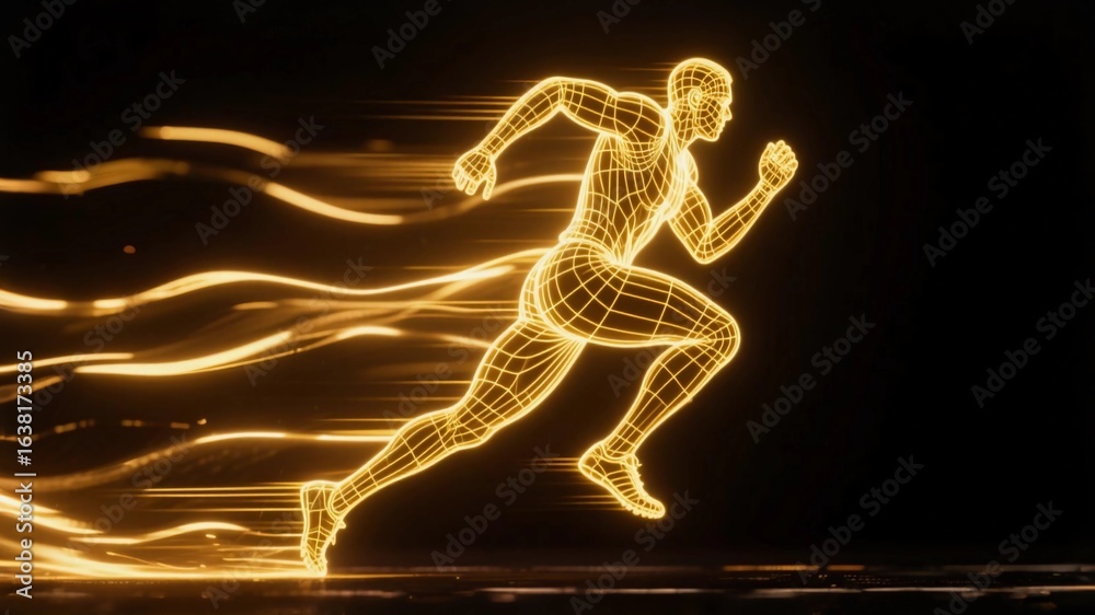 Naklejka premium Golden line art style, the image of an athlete in a long run, surrounded by a golden energy and light effect, against a dark background