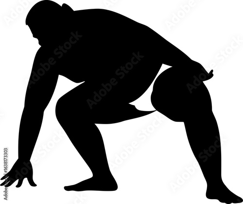 Powerful Sumo Wrestler Silhouette in Crouched Stance Ready for Combat in Bold Black and White Style