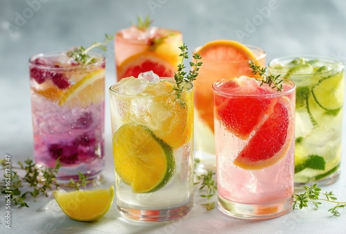 Vibrant Citrus-Infused Beverages with Ice and Fresh Herbs for Summer Refreshment