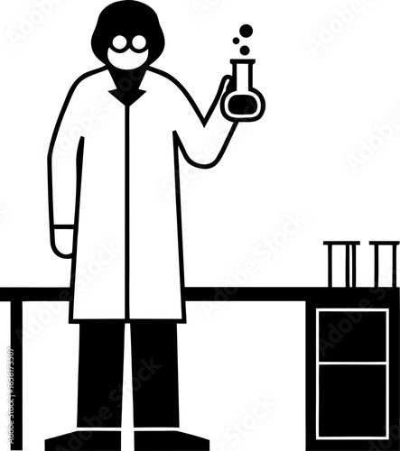 Minimalist Scientist Icon Holding Bubbling Flask Behind Desk with Test Tubes Representing Experiment and Discovery